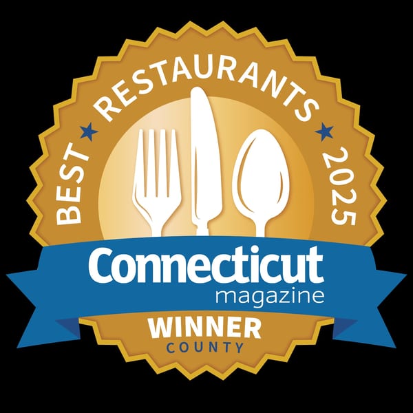 Gold and blue badge: "Best Restaurants 2025 Connecticut Magazine Winner County" with cutlery icons.