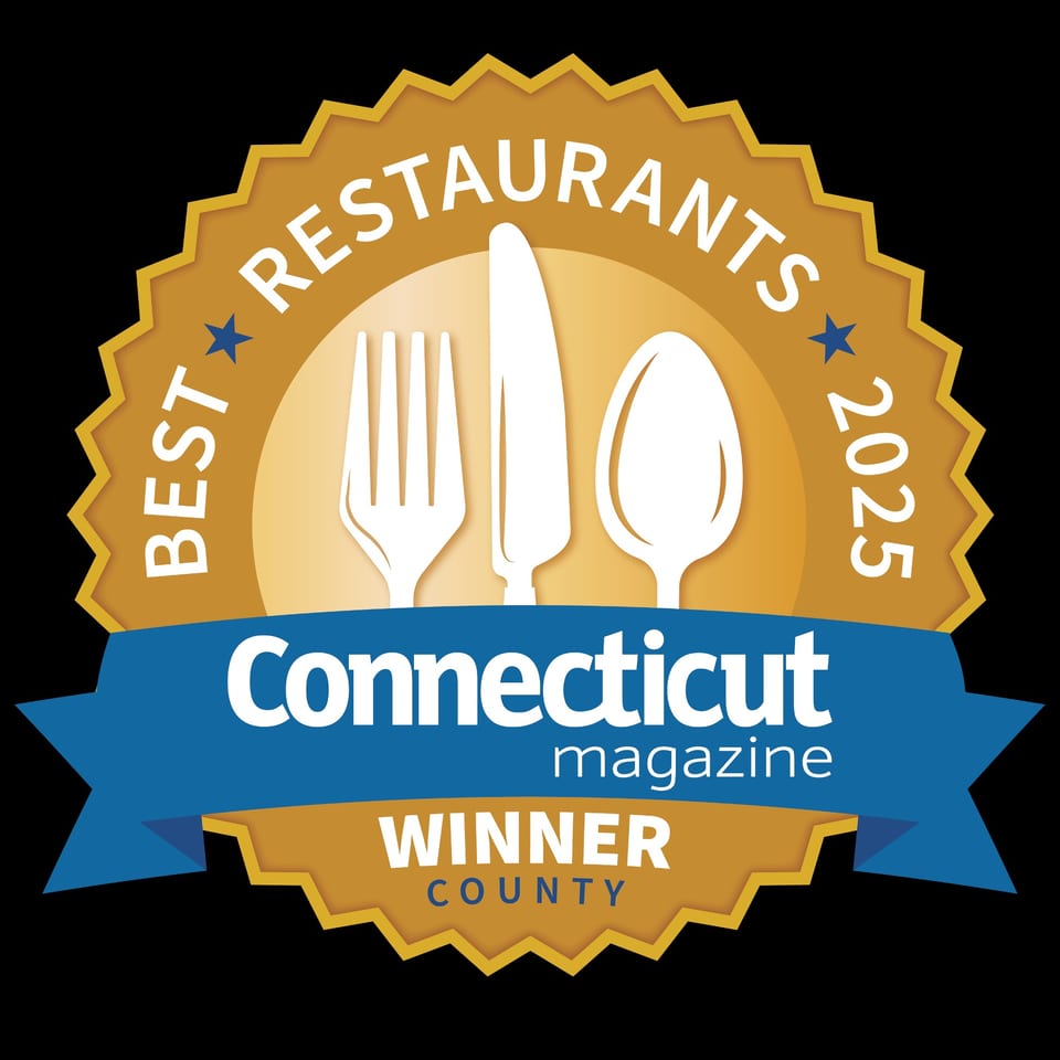 Gold and blue badge: "Best Restaurants 2025 Connecticut Magazine Winner County" with cutlery icons.